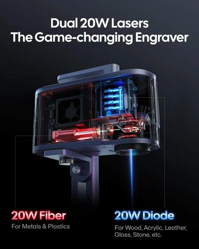 Miniatura 4 de LaserPecker LP5 Smart Dual 20W Fibra + Diodo Grabador láser Cortador con extensión rotativa, extensión deslizante y purificador de aire, relieve 3D