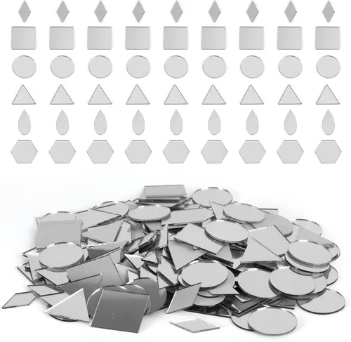 PP OPOUNT 300 piezas de azulejos de mosaico, triángulos, cuadrados, redondos, rombos, sexangle, miniespejo en forma de gota para manualidades, bolas