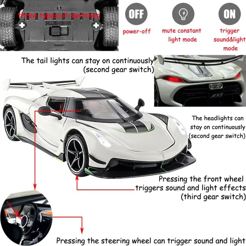 Miniatura 4 de Therina - Coches de juguete modelo Koenigsegg Jesko 1/24 de aleación blanca, vehículos fundidos a troquel coleccionables con sonido y luz
