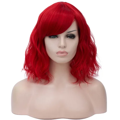 Miniatura 12 de BUFASHION Peluca rizada corta ondulada de 14 pulgadas para mujer, peluca sintética para cosplay, Halloween, peluca con flequillo lateral (negro)