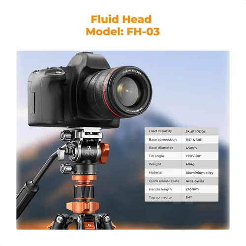 Miniatura 3 de K&F CONCEPT Trípode de video de cámara de 83 pulgadas para DSLR, trípode de aluminio compacto con cabezal fluido panorámico de 360° para viajes