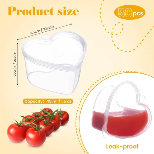Miniatura 2 de 50 tazas de salsa desechables con tapas, vasos de plástico en forma de corazón de gelatina de 1.5 onzas, recipientes transparentes para aderezo