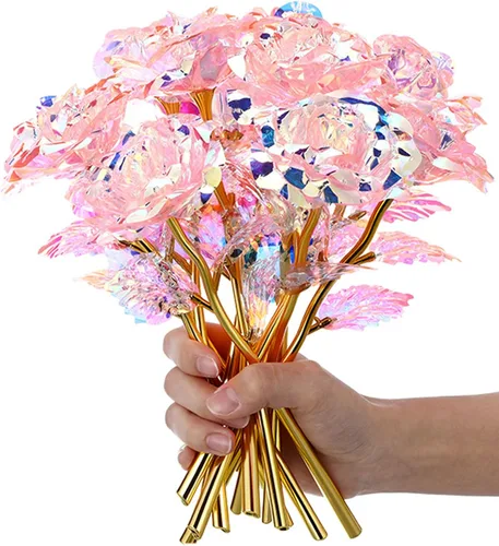 Lyrow 12 rosas de galaxia con tallos, regalo para ella, rosa de cristal falsa preservada para siempre, 24 quilates, para decoración de cumpleaños,