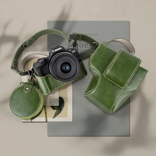 Miniatura 6 de MUZIRI KINOKOO Funda Protectora para Cámara Canon EOS R50/R100 y Lente 18-45mm, de Cuero PU EOSR50 R100 Incluyendo Media Funda, Tapa Abatible, Verde
