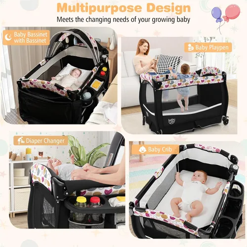 Miniatura 2 de BABY JOY 4 en 1 Pack and Play, corralito portátil para bebé con moisés y cambiador abatible, toldo, cuna infantil con cesta de almacenamiento, bolsa