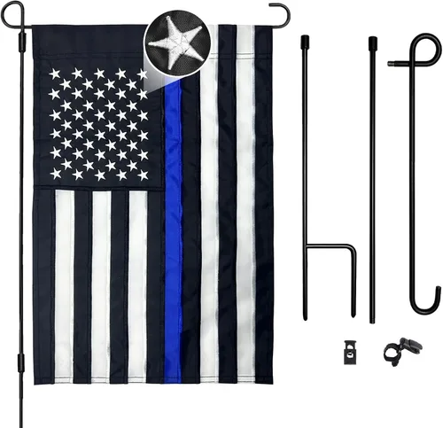 Miniatura 7 de AMZFLAG Bandera de jardín de línea azul fina de 12 x 18 pulgadas, banderas bordadas de jardín de policía para exteriores, bandera americana pequeña