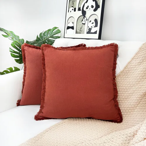 Miniatura 11 de Juego de 2 fundas de almohada decorativas marrones de 18 x 18 pulgadas, fundas de almohada modernas de granja con borlas de flecos, suaves