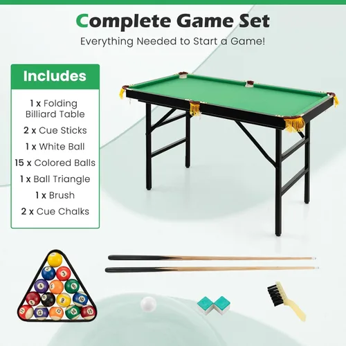 Miniatura 3 de GYMAX Mesa de billar, mesas de billar plegables de 48 pulgadas con bolas, 2 palillos de taco, tizas y cepillo, mini mesa de billar para niños