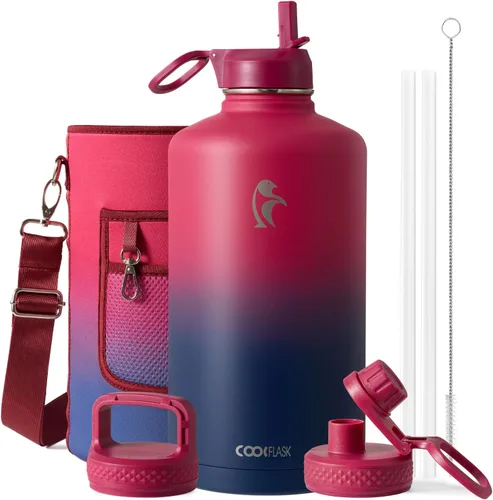 Miniatura 56 de Coolflask Botella de agua de 20 onzas aislada con pajilla, 3 tapas de metal de acero inoxidable, botella de agua de boca ancha para deportes u