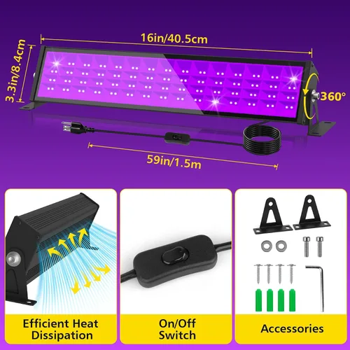 Miniatura 7 de T-SUN Barra de luz LED negra de 72 W, barras de luz negra con enchufe e interruptor, tira de luces de área de 22 x 22 pies para fiesta brillante