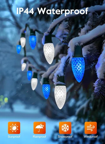 Miniatura 3 de Luces de Navidad para exteriores, cadena de luces LED de 100 pies con bombillas C9 de fresa azul y blanca, impermeable, conectable, certificado UL