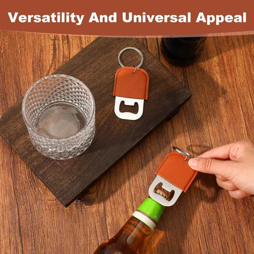 Miniatura 4 de 24 llaveros de piel sintética marrón, abridor de cerveza de acero inoxidable para regalo, boda, fiesta, bar, llavero en blanco a granel