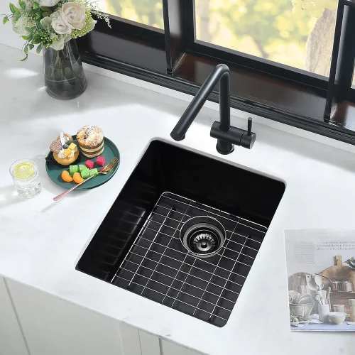 Miniatura 4 de Fregadero de barra negro de 12 pulgadas para montaje inferior de cuarzo-iAnomla 12x15 fregadero de cocina pequeño negro para montaje inferior barra