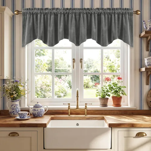 Miniatura 29 de StangH Cortinas decorativas de lujo, cenefa azul con bloqueo de luz, cenefa festoneada para ventana pequeña con bolsillo sólido para barra, cortina