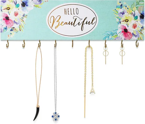 Miniatura 2 de SANY DAYO HOME Organizador de joyas montado en la pared, moderno soporte de madera con 9 ganchos de metal para collares, anillos, aretes, pulseras