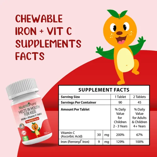 Miniatura 5 de Suplementos de hierro masticables para niños (hierro feronyl/carbonil 9 mg con vitamina C 30 mg) Tableta en sabor mandarina tango naranja suplemento