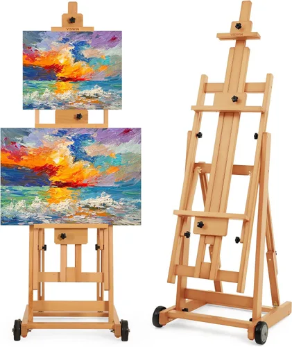 Miniatura 7 de VISWIN Caballete de estudio con marco en H, inclinado plano y ajustable, caballete de arte de madera de haya para pintar, caballete grande móvil