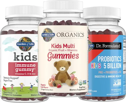 Garden of Life Paquete de gomitas para niños: multivitamínico orgánico para niños, frutas, 120 unidades + gomitas inmunológicas para niños, cereza,