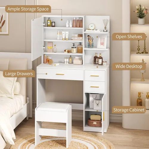 Miniatura 4 de Escritorio de tocador con espejo y luces, escritorio de maquillaje con cajones y gabinete, tocadores con silla tapizada, mesa de maquillaje blanca