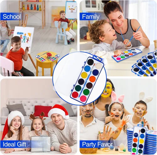Miniatura 5 de Juego de 100 pinturas de acuarela para niños, 12 colores de acuarelas con pincel, juego de pintura de acuarela para niños para recuerdos de fiesta