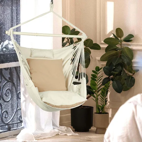 Miniatura 2 de Silla hamaca colgante con cuerda – Máximo 500 libras – 2 cojines y 1 almohada para el cuello incluida – Barra separadora de acero resistente