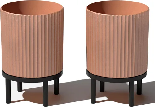 Miniatura 38 de Veradek Demi Series - Maceta redonda con soporte para porche o patio, compuesto de piedra de plástico duradero y soporte de madera, decoración