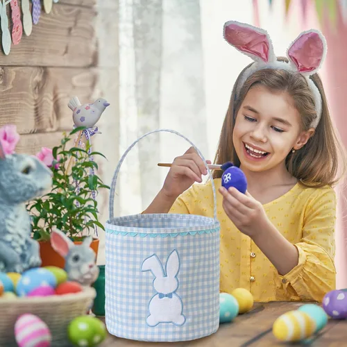 Miniatura 4 de DYSHAYEN Cesta de Pascua de conejo, cubo de Pascua vacío a cuadros con asa para caza de huevos de Pascua, decoraciones de fiesta (azul)