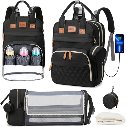 Miniatura 3 de Mochila para pañales – Bolsa de bebé grande impermeable con puerto de carga USB, cambiador y correas para cochecito – Organizador de viaje elegante