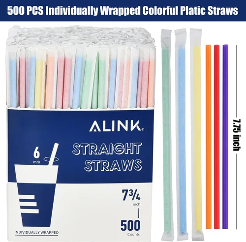 Miniatura 2 de ALINK Paquete de 500 popotes desechables de plástico de varios colores, pajitas rectas envueltas individualmente, 7.75 x 0.23 pulgadas