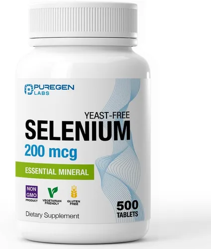 Puregen Labs Selenio 200 mcg Mineral esencial sin levadura – 500 tabletas vegetarianas | Apoyo inmunológico y antioxidante | Sin OMG, sin gluten