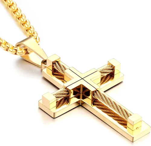 YL Collar de cruz para hombre de acero inoxidable 316L, colgante grande de Jesucristo blancodoradonegro, cadena Rolo de joyería para 20 pulgadas, 22