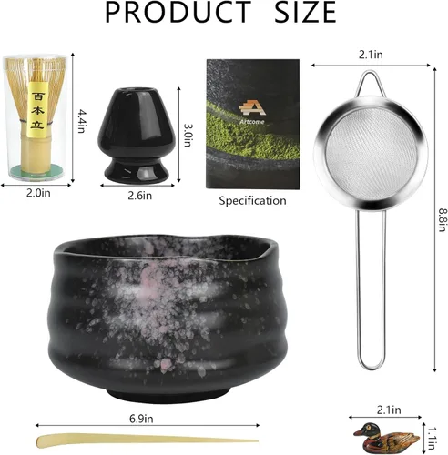 Miniatura 2 de Artcome Kit de ceremonia de matcha para ceremonia de té japonesa, cuenco tradicional de matcha, batidor, cuchara de té, colador de polvo matcha, Cian