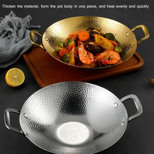 Miniatura 5 de SVRITE Sartén de acero inoxidable para paellas, sin recubrimiento, antiadherente, de 8, 9, 10, 11 pulgadas, sartén pequeña para fideos con doble