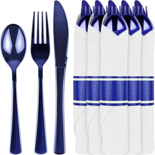 Miniatura 13 de Paquete de 100 cubiertos de plástico preenrollados azules, cubiertos enrollados azules con servilletas, juego de cubiertos de plástico preenrollados