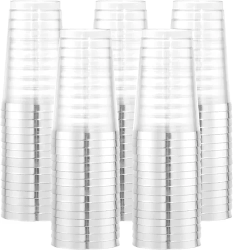 Miniatura 22 de I00000 Paquete de 100 unidades de vasos de plástico dorado de 12 onzas, vasos desechables con borde dorado, vasos de vino desechables y copas