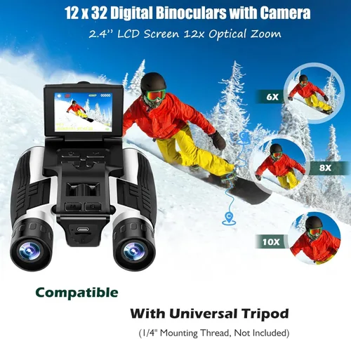 Miniatura 6 de Binoculares digitales LCD de 2.4 pulgadas con cámara, grabación de video de 48 MP 2.5K, óptica de 12 x 32, zoom digital 8X para observación de aves