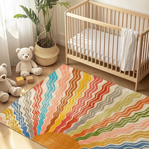 Miniatura 9 de Alfombra lavable de 3 x 5 para sala de estar, diseño de arco iris, moderno, retro, de gran área, ultra fina, de pelo bajo, ligera, suave, alfombra