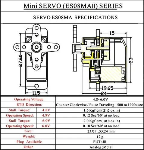 Miniatura 5 de ES08MA II 12g Mini Engranaje de Metal Analógico Servo A Prueba de Golpes Estable Compatible para Modelo RC Uno Pack De