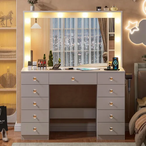 Miniatura 8 de DINGIPP Tocador con espejo grande y 10 luces LED, escritorio de tocador con tope de cristal, 11 cajones con asas de cristal, tocador con toma