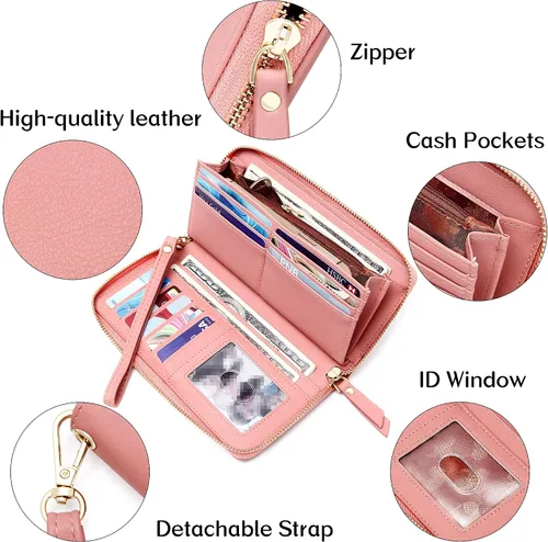 Miniatura 20 de Badiya Billetera para mujer con bloqueo RFlD de cuero con cremallera alrededor de carteras de gran capacidad