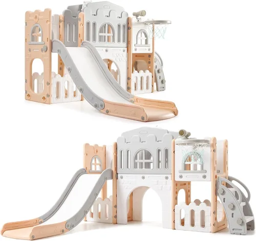 Miniatura 9 de Juego de toboganes 8 en 1 para niños, centro de actividades para interiores y exteriores, juego de tobogán escalador para niños con aro