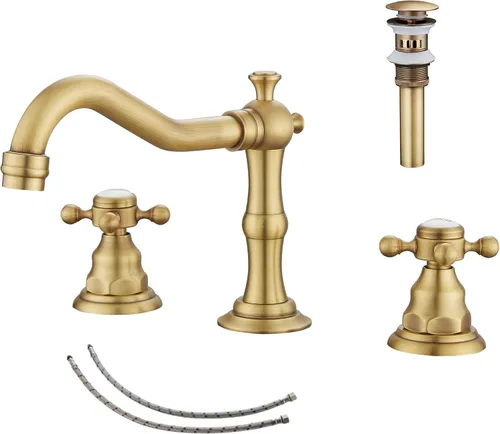 Grifo de 2 manijas para lavabo de baño de tres agujeros, grifo de lavabo extendido, latón antiguo, grifo mezclador con manguera de suministro