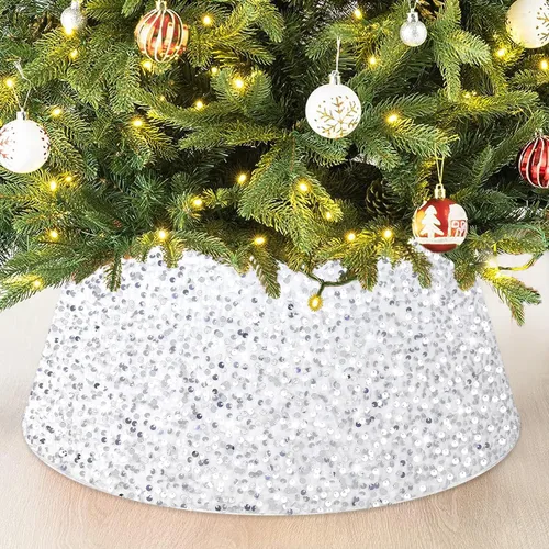 Miniatura 8 de FANPROMS Collares de Árbol de Navidad para Árboles Artificiales Base de 23.6 Pulgadas de Diámetro Falda de Árbol de Lentejuelas Rojas Moderno Anillo