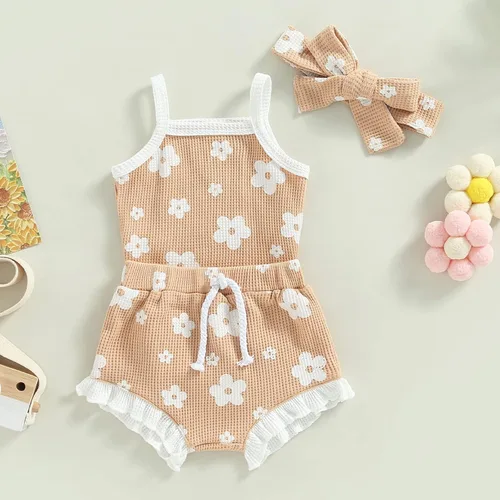 Miniatura 8 de Mubineo Conjunto de 3 piezas para bebé niña, estilo bohemio, overol, pantalones cortos, diadema