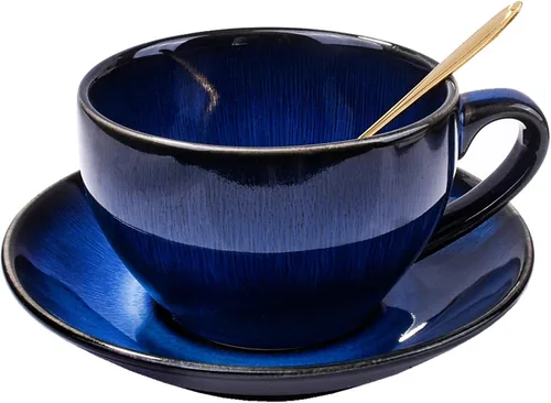 Juego de taza de café y platillo de cerámica azul con cuchara dorada, juego de tazas de té artesanales de esmalte azul profundo de 10 onzas, taza de