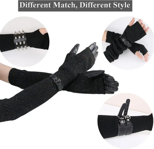 Miniatura 6 de Facecozy Calentadores de brazos para mujer, mezcla de lana de cachemira, guantes largos sin dedos para mujer, guantes para clima frío con agujero