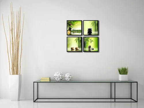 Pyradecor Lienzo enmarcado de 4 paneles, arte de pared contemporáneo, impresiones en lienzo zen perfectas de bambú verde, pinturas para decoración
