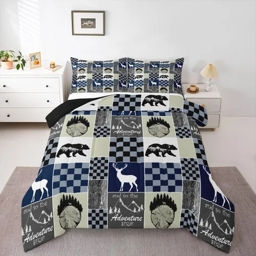 Miniatura 11 de Juego de edredón de oso y ciervo, tamaño individual, ropa de cama de animales salvajes de caza, colcha rústica de cabaña, casa de campo, cuadros