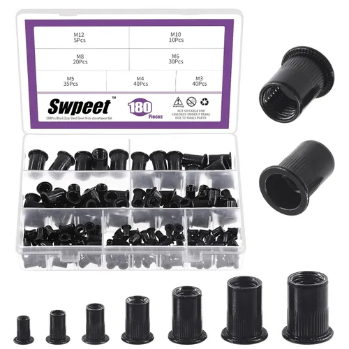 Miniatura 10 de Swpeet Kit de 180 tuercas remachadoras de 7 tamaños, UNC 5/32"-32#8-32" #10-24" 1/4"-20 5/16"-18 3/8"-16 1/2"-13, tuerca remachadora de acero al