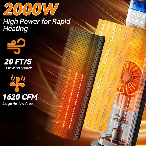 Miniatura 7 de Calentador de espacio en torre, calentadores eléctricos portátiles para uso en interiores con termostato, humidificación por pulverización, llama